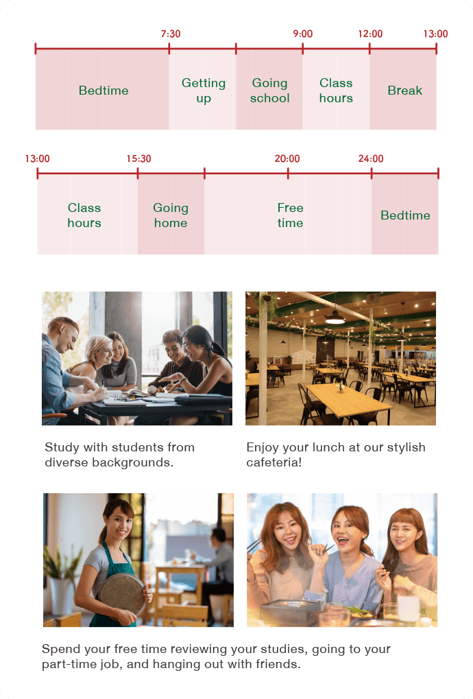 Study with students from diverse backgrounds. Enjoy your lunch at our stylish cafeteria! Spend your free time reviewing your studies, going to your part-time job, and hanging out with friends.